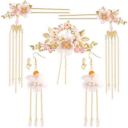 HINZIC 5Pcs Flowers Tassel Hair Pins Set, Crystal Rhinestone Pearl Hair Stick, Chinese Hanfu Traditional Wedding Classical Hair Accessories Earrings Set for Women Girls Updo Long Hair