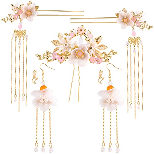 HINZIC 5Pcs Flowers Tassel Hair Pins Set, Crystal Rhinestone Pearl Hair Stick, Chinese Hanfu Traditional Wedding Classical Hair Accessories Earrings Set for Women Girls Updo Long Hair