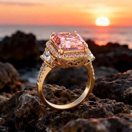 Moissa 8ct Sunset Glow Radiant Cut Halo Cocktail Ring for Women | 14K Gold Plated Tarnish-Resistant Silver Ring, 12x10mm Lab Zircon, Bold Statement Ring for Party, Engagement & Anniversary - color: Padparadscha