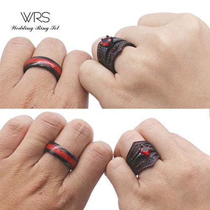 Two Rings His Hers Wedding Ring Sets Couples Matching Rings Women's 2pc Black Gold Plated Red CZ Wedding Engagement Ring Bridal Sets Men's Tungsten Carbide Band Wedding Band - color: Red, size: women's size 7 & men's size 13