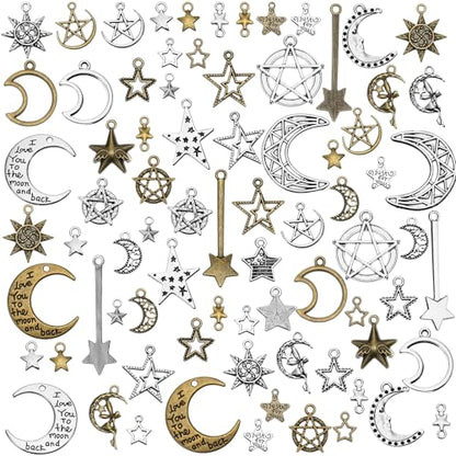 Hicarer 80 Pieces Antique Silver Pendants Gothic Charms Halloween Charms Pendants Jewelry Making Accessory for DIY Necklace Bracelet - style: Sun,Moon,Stars