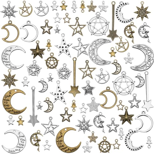 Hicarer 80 Pieces Antique Silver Pendants Gothic Charms Halloween Charms Pendants Jewelry Making Accessory for DIY Necklace Bracelet - style: Sun,Moon,Stars