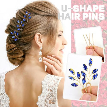 Dizila 7 Pieces Royal Blue Party Prom Wedding Bridal Crystal Rhinestone Vine Leaf Hair Side Combs + Rhinestone U-shaped Hair Pins Headpieces for Brides Bridesmaids Women Girls - color: Royal Blue