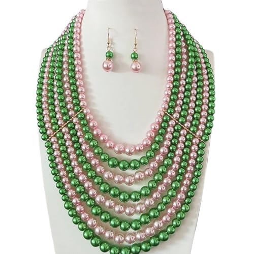 Multilayer Strand Chain Faux Pearls Flapper Beads Cluster Long Choker Necklace - color: Pink Green Necklace（Mix Random）