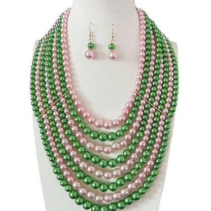 Multilayer Strand Chain Faux Pearls Flapper Beads Cluster Long Choker Necklace - color: Pink Green Necklace（Mix Random）