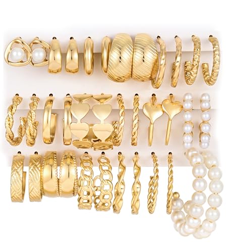 Gold Hoop Earrings Set for Women, 18 Pairs Hypoallergenic Statement Open Pearl Hoops Earring for Multipack, Gold Chunky Hoop Earrings for Women Trendy Jewelry - color: Gold-D-18 Pairs