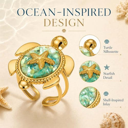 Adjustable Starfish & Tortoise Ring for Women – 18K Gold-Tone Plated Stainless Steel Open Band, Ocean-Inspired Jewelry with Shell Inlay,Comfort-Fit Statement Ring for Summer, Beach & Everyday Wear