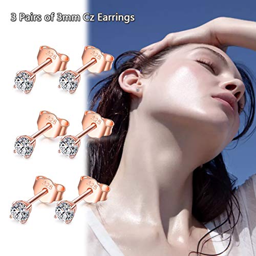 EPIRORA Sterling Silver Stud Earrings for Women Men- 3 Pairs 3mm Tiny Ball Stud Earrings Round CZ Earrings Pearl Earrings Set Cartilage Small Tragus Earrings - style: 3 Pairs-Cubic Zirconia Earrings(Rose Gold)