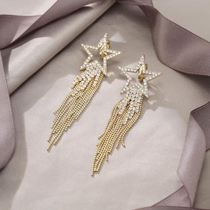EVER FAITH Crystal Long Waterfall Star Tassel Clip-on Earrings for Women | Rhinestone Beaded Fringe Chandelier Dangle Statement Earring, Wedding Party Jewelry - color: Clear Gold-Tone