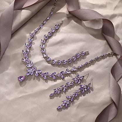 EVER FAITH Marquise Crystal Leaf Bridal Prom Jewelry Set for Women Bride | Rhinestone Wedding Party Necklace Dangle Earrings Tennis Bracelet, for Bridesmaid - color: Light Purple Silver-Plated-Base
