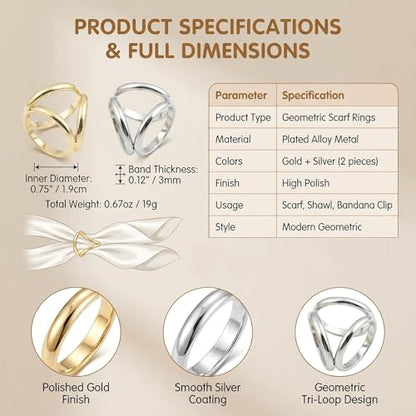2Pcs Women Three Rings Silk Scarves Clip Fashion Scarves Buckle Scarf Ring Wrap Holder Clamp (Silver+Golden)
