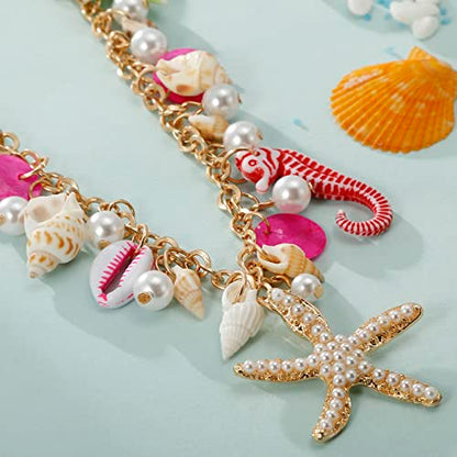 RUOFFETA Shell Starfish Necklace Bracelet Conch Statement Chunky Necklace Mermaid Costume Jewelry Beach Jewelry for Women - style: Necklace 2