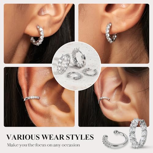 Women's Silver Earrings Fashion Jacket Stud Earrings Stacking Small Hoop Huggie Earrings Set for Multiple Piercing Everyday Ear Cartilage Earrings - color: Silver+Silver