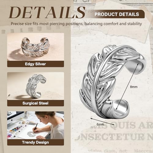 Gothic Stainless Steel Ear Cuffs Non Piercing Cartilage Clip On | Punk Emo Y2k Alt Goth Style,Men Women,Silver Fake Earring,Hypoallergenic Adjustable,Jewelry Gift,Edgy design - color: K8-Silver Leaf Design