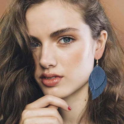 Handmade Bohemian Large Soft Genuine Leather Fringe Double Feather Dangle Drop Earrings Lightweight Simple Color PU Leaf Hook Earrings for Women - color: Navy