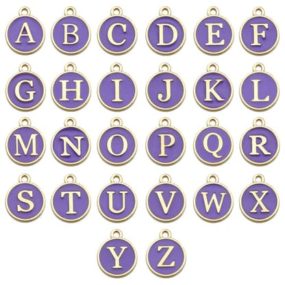 A-Z Letter Charms Round Enamel Alphabet Initial Pendant for Jewelry Making,Double-Side for Necklace Bracelet Earring DIY Craft - color: 1 set(26pcs)-Purple