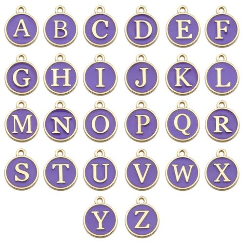 A-Z Letter Charms Round Enamel Alphabet Initial Pendant for Jewelry Making,Double-Side for Necklace Bracelet Earring DIY Craft - color: 1 set(26pcs)-Purple