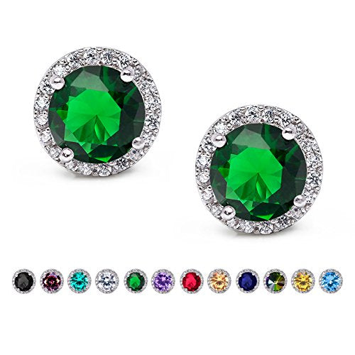 SWEETV Cubic Zirconia Stud Earrings, 8mm Round Cut, Rhinestone Hypoallergenic Earrings for Women & Girls | 9mm Round Cut Hypoallergenic 925 Sterling Silver Stud Earrings for Bridal Bridesmaid Prom Weddings Parties,Silver - color: 08.Emerald