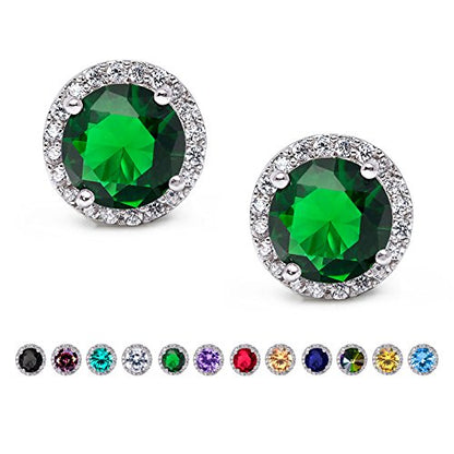 SWEETV Cubic Zirconia Stud Earrings, 8mm Round Cut, Rhinestone Hypoallergenic Earrings for Women & Girls | 9mm Round Cut Hypoallergenic 925 Sterling Silver Stud Earrings for Bridal Bridesmaid Prom Weddings Parties,Silver - color: 08.Emerald