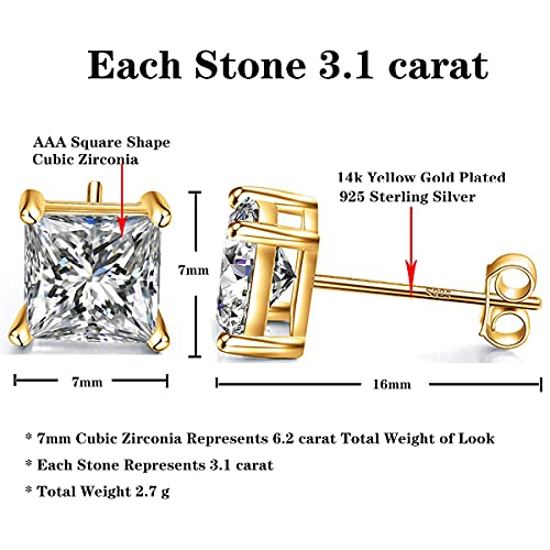 925 Sterling Silver Stud Earrings 4 Prong Princess Cut Square Cubic Zirconia Ear Stud for Women Men CZ 4mm-7mm - style: Yellow Gold--6.20cttw (7mm)
