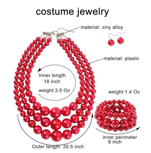 KOSMOS-LI Women's 3 Layer Simulated Pearl Statement 18" Necklace Bracelet and Earrings Jewelry Set Stocking Stuffers - color: red