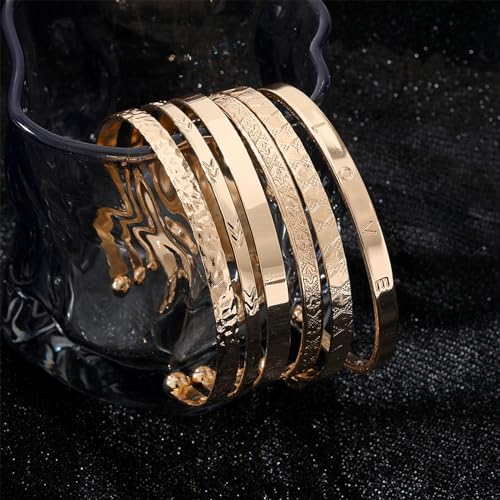 IFKM Gold Bangle Bracelets For Women, 14k Gold Plated Multi Layer Stackable Cuff Bracelet Set, Trendy Elegance Charms Non Tarnish Minimalist Textured Boho Jewelry Gift for Women - style: 6pcs Love