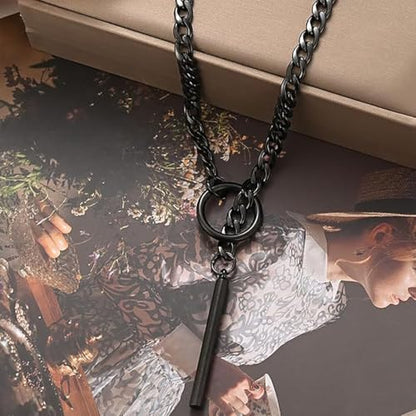 Heart O Ring Slip Chain Necklaces for Women and Men Stainless Steel Long Cuban Chain Bar Necklace Punk Rock Collar Necklaces Handmade Adjustable Lariat Y Necklace - color: Black Bar