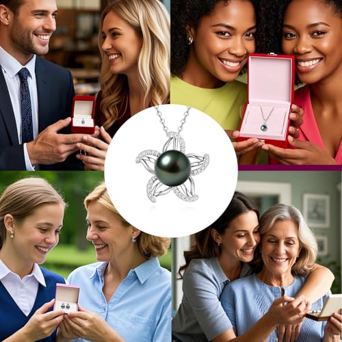 Genuine Tahitian Black Pearl Necklace for Women, 9-11mm AAAA Seawater Pearl with Sterling Silver Moissanite Pendant, Jewelry Gift for Wife, Mom, Girlfriend, Wedding Anniversary, Birthday, Christmas - size: 9-10mm, style: Starfish Design