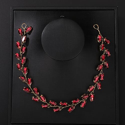 Teyglen Bride Wedding Crystal Hair Vine Full Red Crystal Headband - Bridal Hair Accessories Wedding Headpiece Handmade Rhinestone Hair Piece for Women Girls (Wine Red) - color: Wine Red