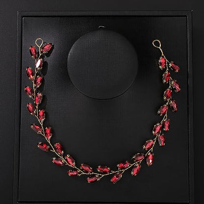 Teyglen Bride Wedding Crystal Hair Vine Full Red Crystal Headband - Bridal Hair Accessories Wedding Headpiece Handmade Rhinestone Hair Piece for Women Girls (Wine Red) - color: Wine Red