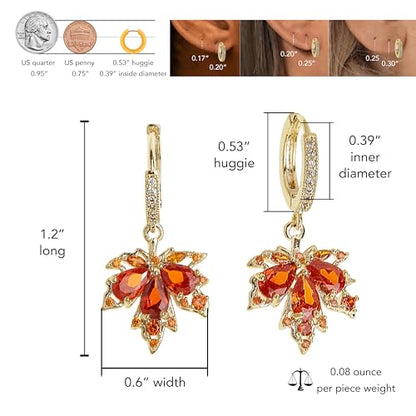 Sonateomber Gold Silver Small Hoop Dangle Earrings for Women, Trendy Dainty Rhinestone CZ Dangling Prom Wedding Leaf Flower Snowflake Butterfly Starfish Fashion Jewelry Gift - color: Orange Leaf