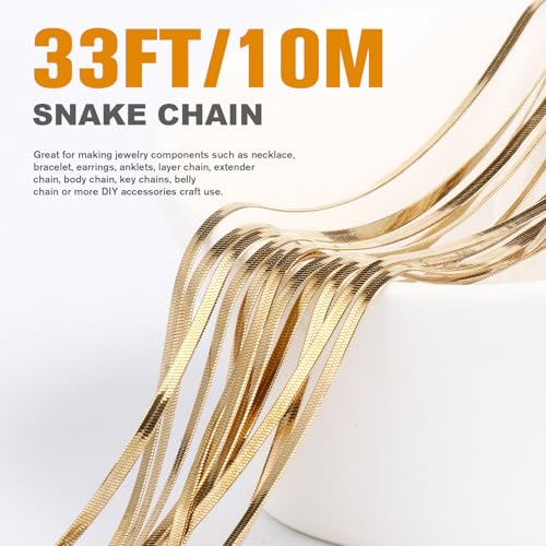 33FT 2mm Stainless Steel Gold Snake Chains Roll Bulk for Jewelry Making | 18K Gold PVD Plated 304 Stainless Steel Flat Snake Chains Roll Spool for DIY Craft - color: 2.0mm Gold Flat Snake Chains