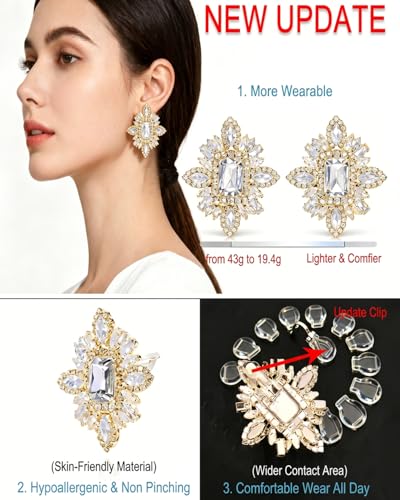 Prom Silver Clip On Earrings for Women Trendy Hypoallergenic Non Pierced Statement Cubic Zirconia Earrings for Women Large Rhinestone Earring Formal Wedding Jewelry Gifts - color: Gold
