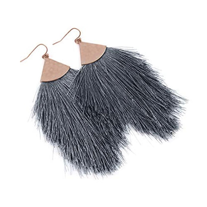 Bohemian Silky Thread Fan Fringe Tassel Statement Earrings - Lightweight Strand Feather Shape Dangles - color: Feather Fringe - Dark Gray