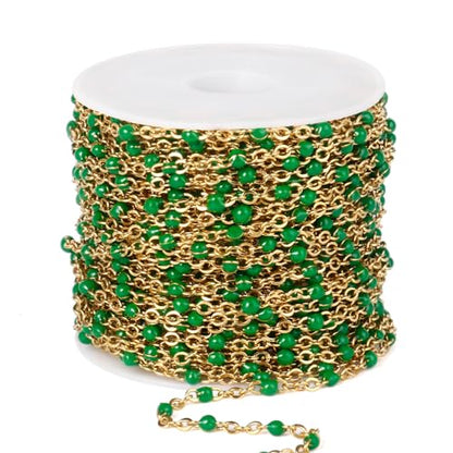 33FT 2mm Gold Cable Chains Green Enamel Chains Bulk Roll for Jewelry Making | 18K Gold PVD Plated Stainless Steel Enamel Beaded Chains Roll for Necklace Bracelet - color: Gold Green Beads
