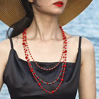Firstmeet Long Chain Multi Layer Fashion Glass Beads Handmade Necklace for Women - color: Red-j