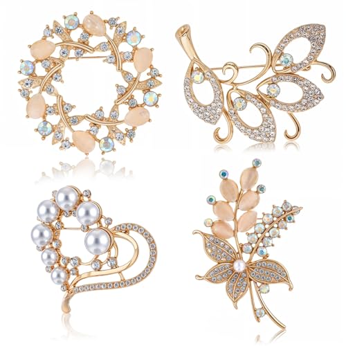 Andibro 4 Pcs Brooches for Women, Simulated Crystal Pearl Rhinestone Brooch Pin Stylish Brooches and Lapel Pins for Bridal Wedding