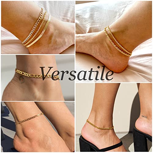 Dainty Ankle Bracelets for Women Waterproof | Layered Gold Plated Tennis Cuban Snake Rope Paperclip Beaded Link Chains Set, Summer Beach Jewelry Gift - color: Gold Anklet F