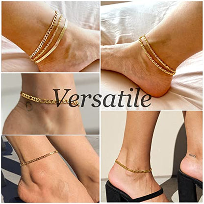 Dainty Ankle Bracelets for Women Waterproof | Layered Gold Plated Tennis Cuban Snake Rope Paperclip Beaded Link Chains Set, Summer Beach Jewelry Gift - color: Gold Anklet F