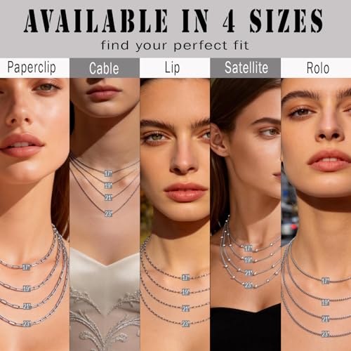 20Pcs (5 Styles) Stainless Steel Chains for Jewelry Making (Silver 21in) | Bulk Silver & Gold Plated Chains, Satellite, Paper Clip, Lip, Rolo, Cable, Jewelry Making - color: Silver (21 inch)