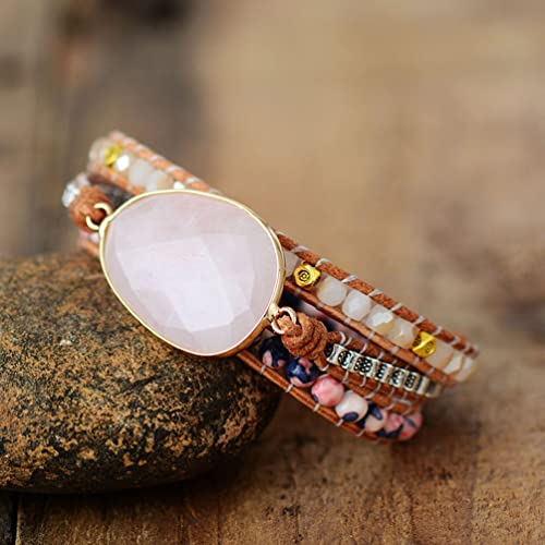 Handmade Boho Wrap Bracelets Natural Turquoise Crystal Stone Variety Beaded Strand Bracelet - color: Pink Agate