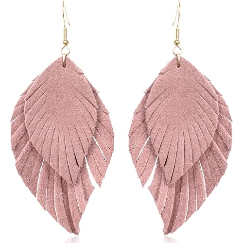 Handmade Bohemian Large Soft Genuine Leather Fringe Double Feather Dangle Drop Earrings Lightweight Simple Color PU Leaf Hook Earrings for Women - color: Pink