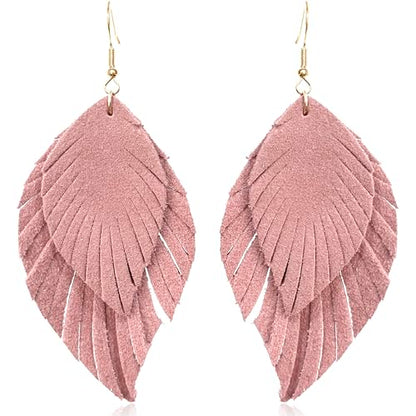 Handmade Bohemian Large Soft Genuine Leather Fringe Double Feather Dangle Drop Earrings Lightweight Simple Color PU Leaf Hook Earrings for Women - color: Pink