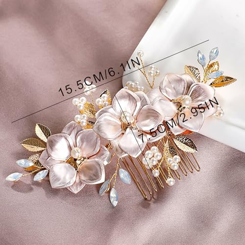 Flower Leaf Design Wedding Hair Comb, Metal Bridal Hair Accessory with Rhinestone, Wedding Prom Hair Clip Headpiece for Women (Gold Flower Pearl) - color: Gold Flower Pearl