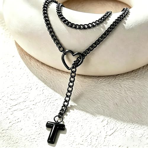 Black Heart Slip Chain Initial Necklaces for Women, Stainless Steel Wrap Choker Necklace, Gothic O-Ring Adjustable Lariat Y Necklaces, Punk Cuban Collar Choker Necklace, Halloween Jewelry Gift - color: Black T