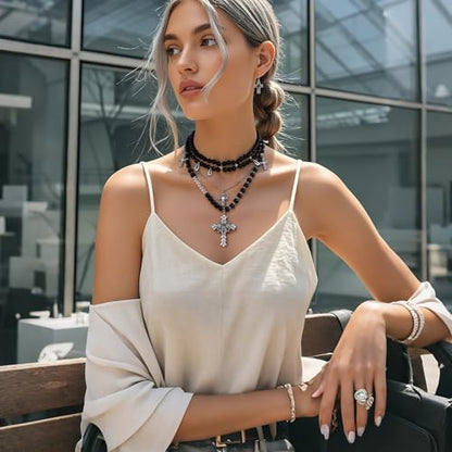 Bocar Gothic Cross Layered Pearl Necklace Chunky Statement Stacked Necklace Y2K Silver Layered Necklace for Women (NK-10769) - color: Black