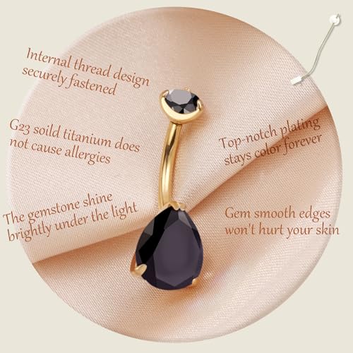 AROWRO Gold Belly Button Ring G23 Titanium Hypoallergenic 14G belly ring for Women Men Teardrop Navel Piercing Jewelry 10mm Barbell With Cubic Zircon - color: Gold+Teardrop Black CZ