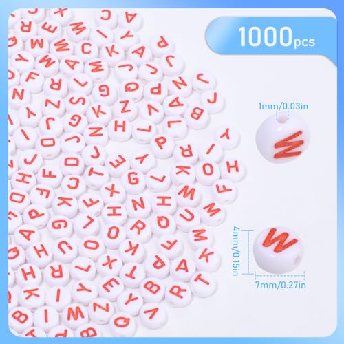 1000Pcs Acrylic White Letter Beads Alphabet Colorful Letter Red Round Beads for Friendship Bracelets and Gifts Souvenir Jewelry Making(4 * 7mm Round) - color: White Red(Round)