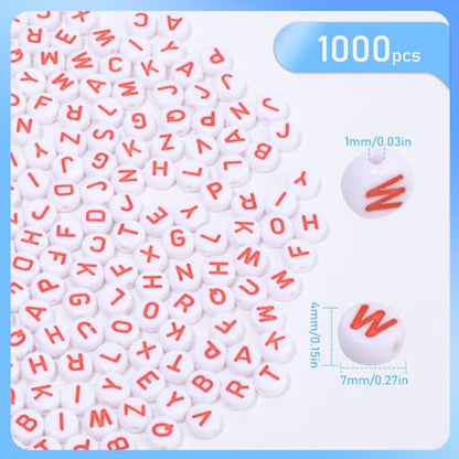 1000Pcs Acrylic White Letter Beads Alphabet Colorful Letter Red Round Beads for Friendship Bracelets and Gifts Souvenir Jewelry Making(4 * 7mm Round) - color: White Red(Round)