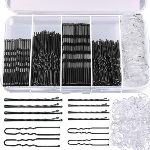 Teenitor 300pcs Hair Pins Bobby Pins Black, 100 Black Bobby Pins 2" 2.75"100 Hair Pins for Women and 100 Clear Hair Bands Kit, U Pins for Buns 2" 2.36" - color: Black